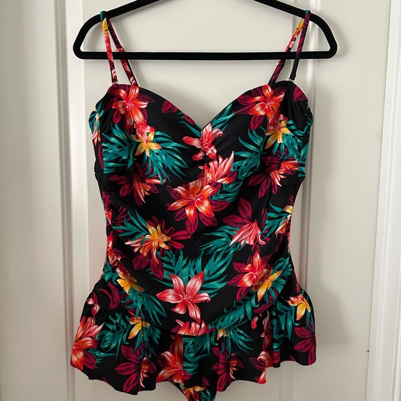 Tropical Escape Other - Tropical Escape Black One-Piece Swimsuit with Pink, Red and Yellow Floral Print